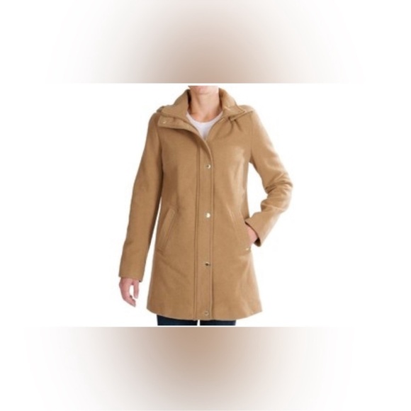 NWT: Ellen Tracy Wool Blend Camel Brown Hooded Winter Pea Coat• 10